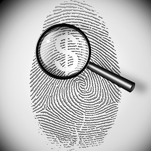 Magnifying glass and thumbprint with a dollar sign